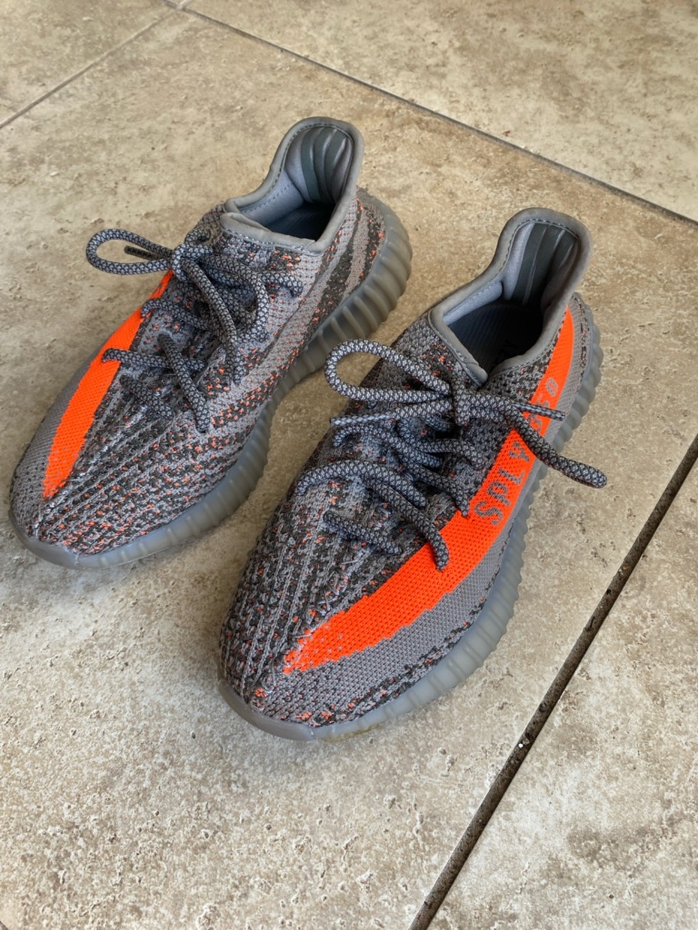 adidas Yeezy men’s Grey and Orange Knit Lace-Up Sneakers